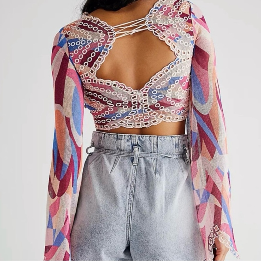 Free People Multicolor “Eyes on You” Lace-Up Crop Top